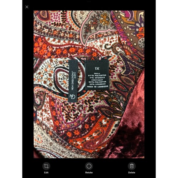 New Directions Paisley & Velvet Trim Tunic Top 1X Red/Multicolor Women's Boho Ch - Picture 4 of 7